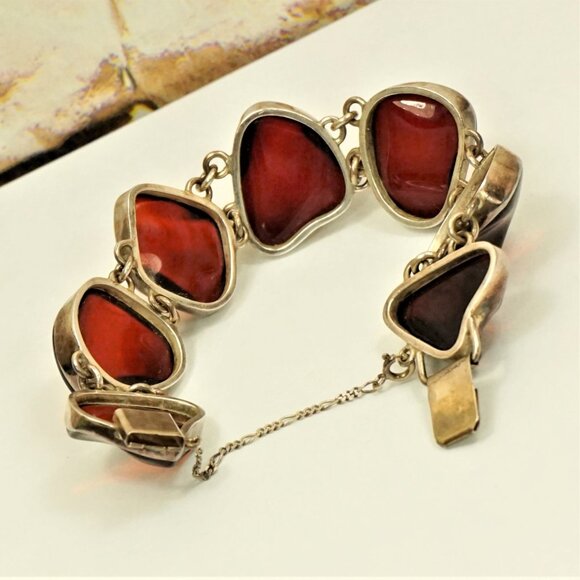 Rare To Find Cherry Amber Link BRACELET in 925 Silver, Heavy Jewelry, OOAK Gift - Picture 7 of 16
